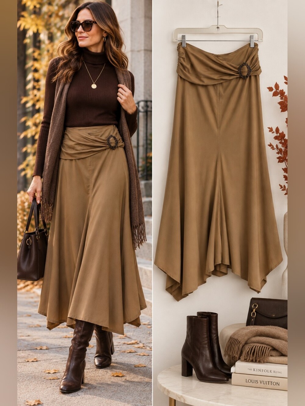 Joseph Ribkoff Skirt 6 Bronze Draped Ruched Waist Statement Buckle Asym Hem
